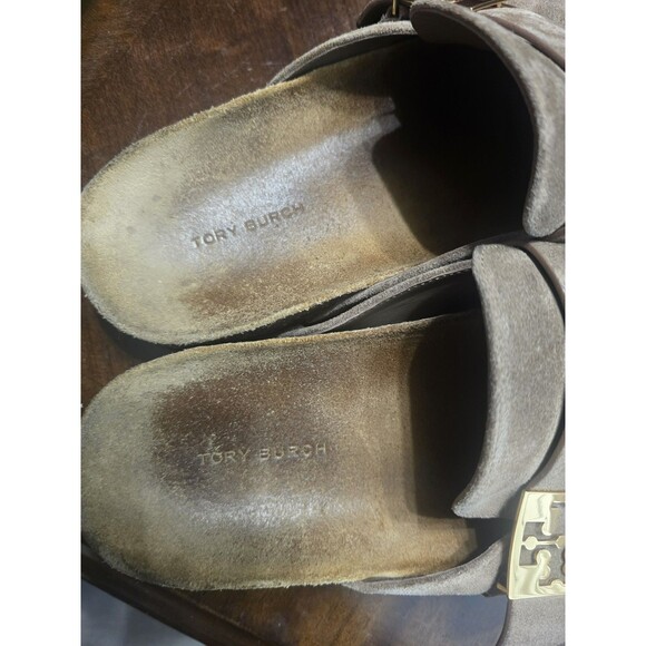 Tory Burch Mellow Suede Mules 9.5 Taupe Cork Sole Logo Slides - Picture 13 of 15